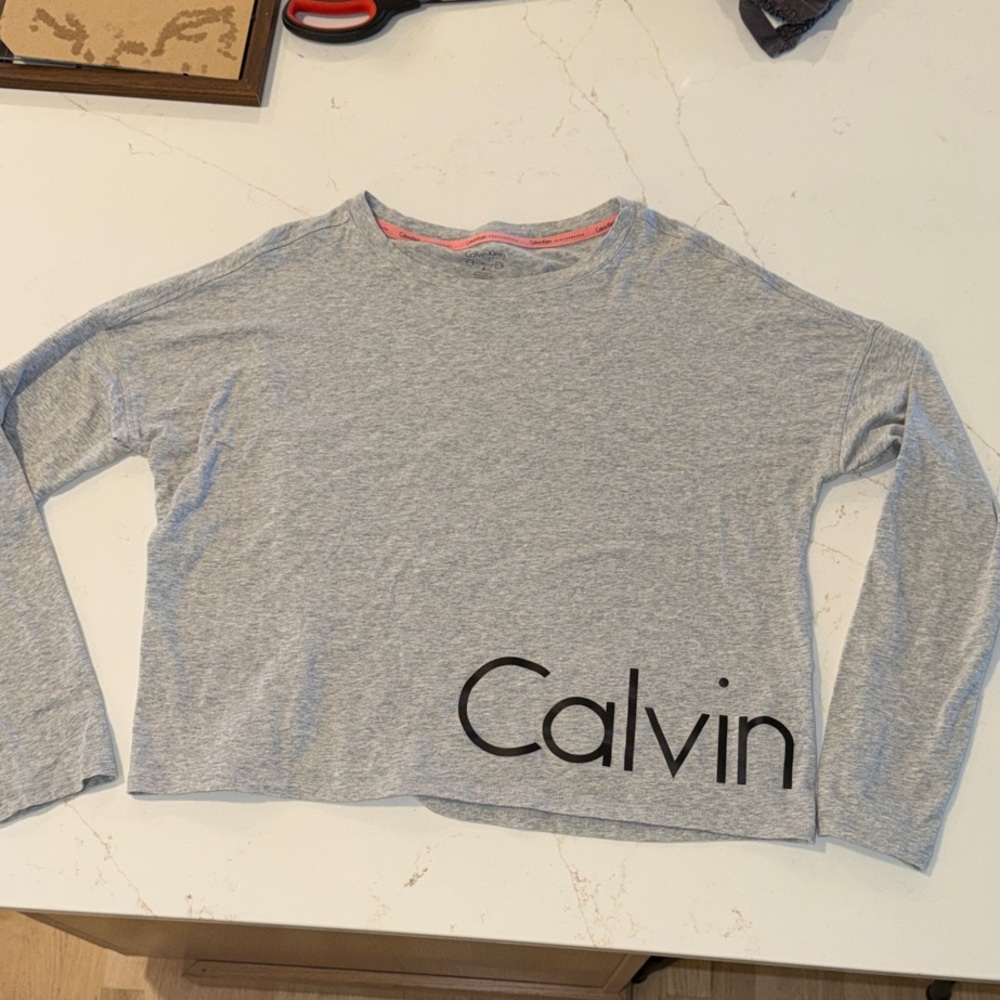 Calvin Klein Light Gray Logo Crop Long Sleeve Top
